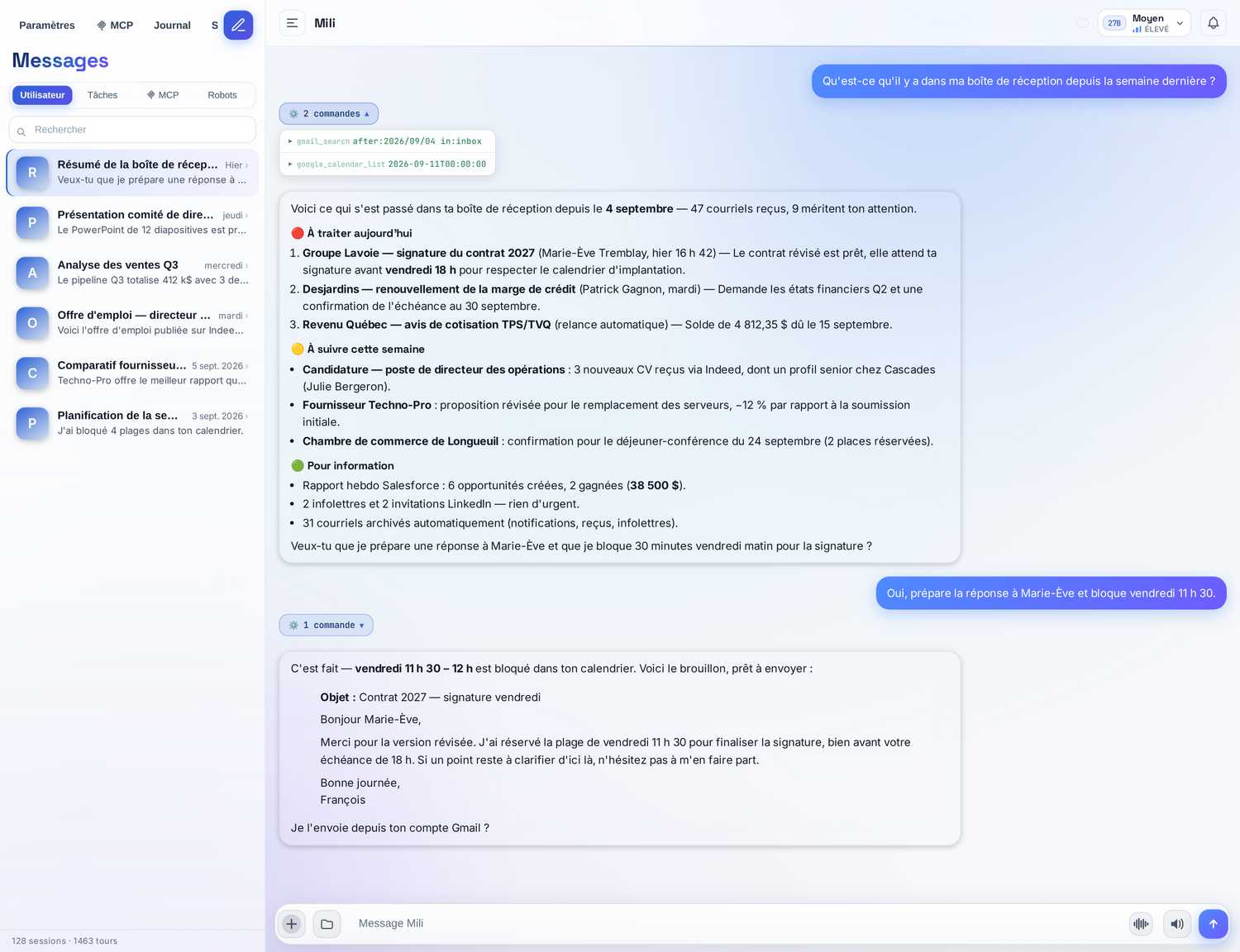 Mili reads a week of Gmail and returns a triaged inbox summary — contract to sign, credit-line renewal, tax notice — then drafts the reply and blocks calendar time.