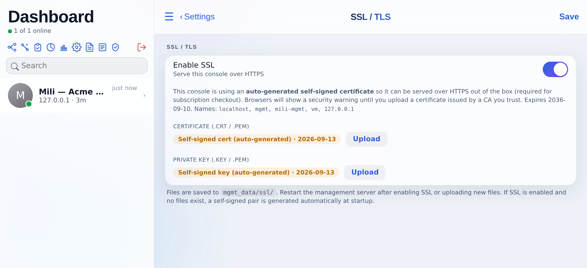 Settings, SSL / TLS : le certificat généré automatiquement et les contrôles de téléversement.