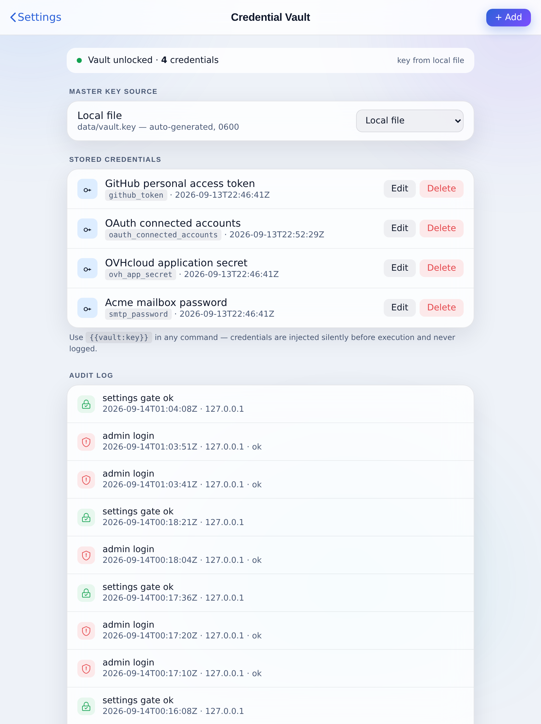 The Credential Vault: master key source, stored credentials and audit log.